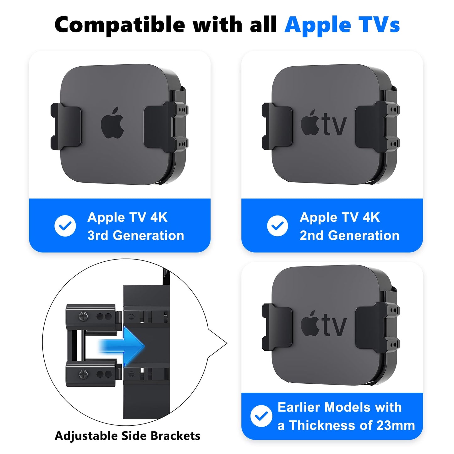 Soporte para Apple TV detrás del televisor, soporte para Apple TV para pared y parte posterior de televisores de todas las marcas y tamaños, compatible con todas las generaciones de Apple TV (incluidos todos los modelos de Apple TV 4K)