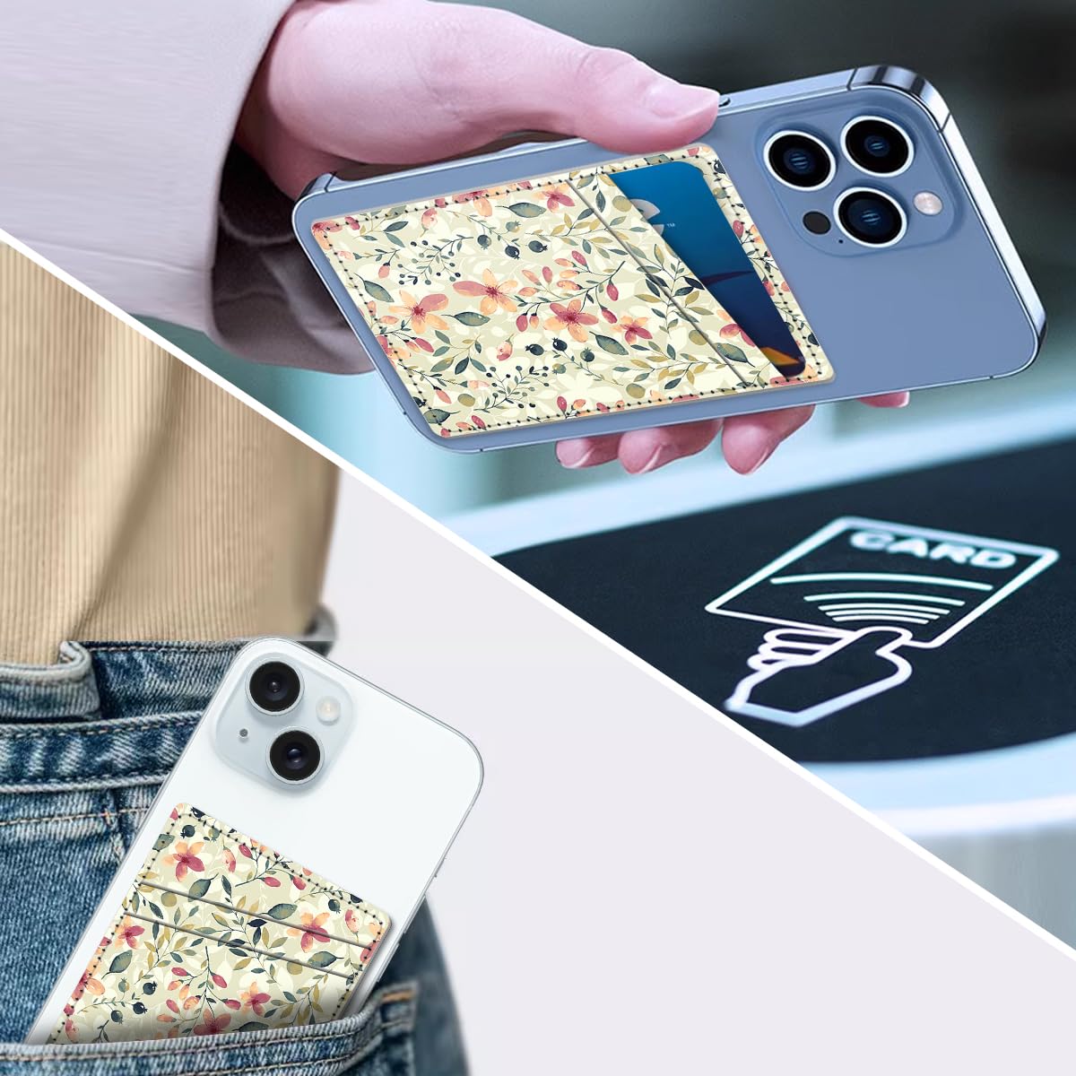 AFPRNK Card Holder for Phone Case, Phone Card Holder Leather, Dual Pocket Phone Wallet Stick On for iPhone, Android Cell Phone - Boho Flower