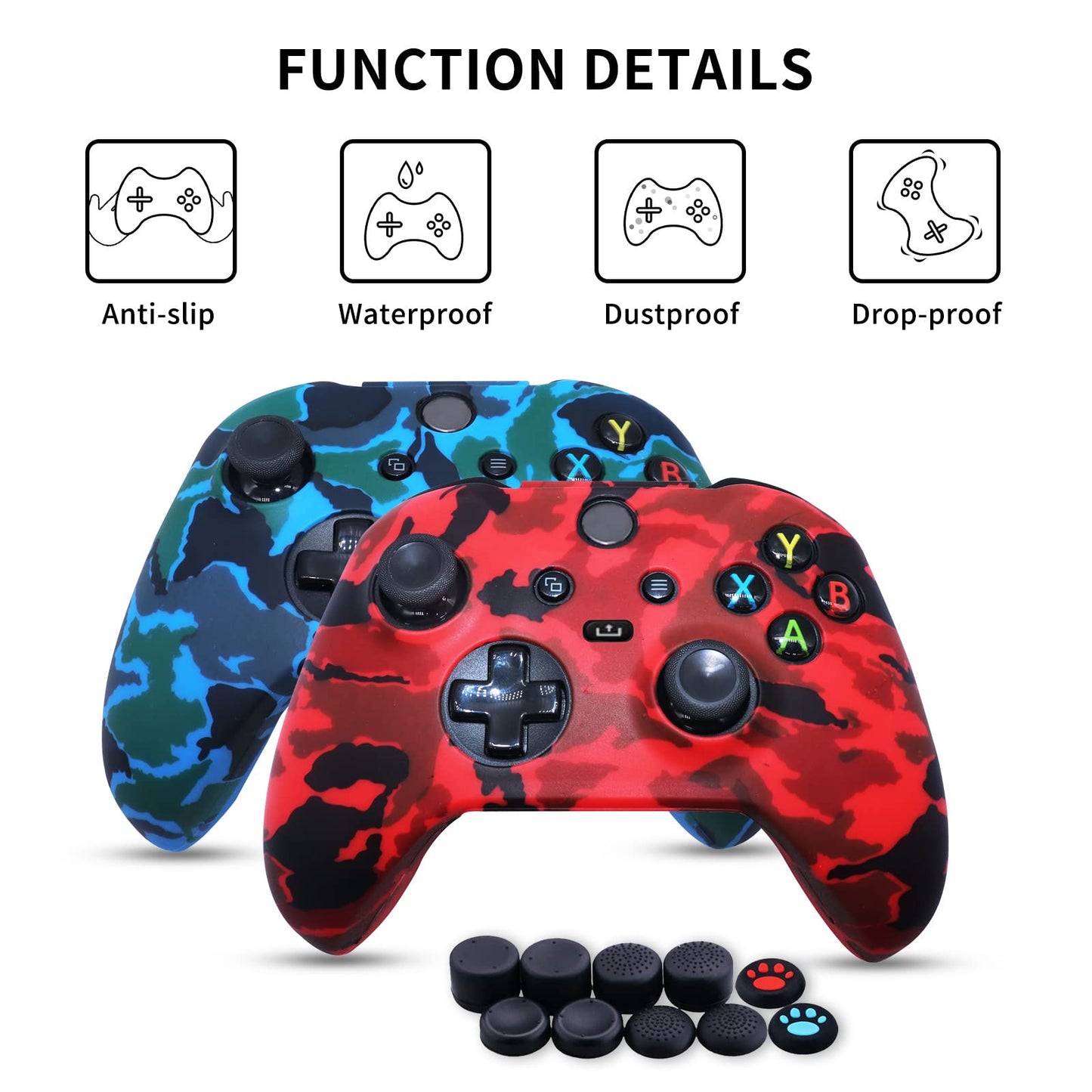 [2 Pack] Jusy Compatible with Xbox Series X/S Controller Soft Silicone Cover Skin, Sweat-Proof Dust-Proof Anti-Slip Case Cover Protective Accessories Set, with 10 Thumb Grips (Red+Blue)