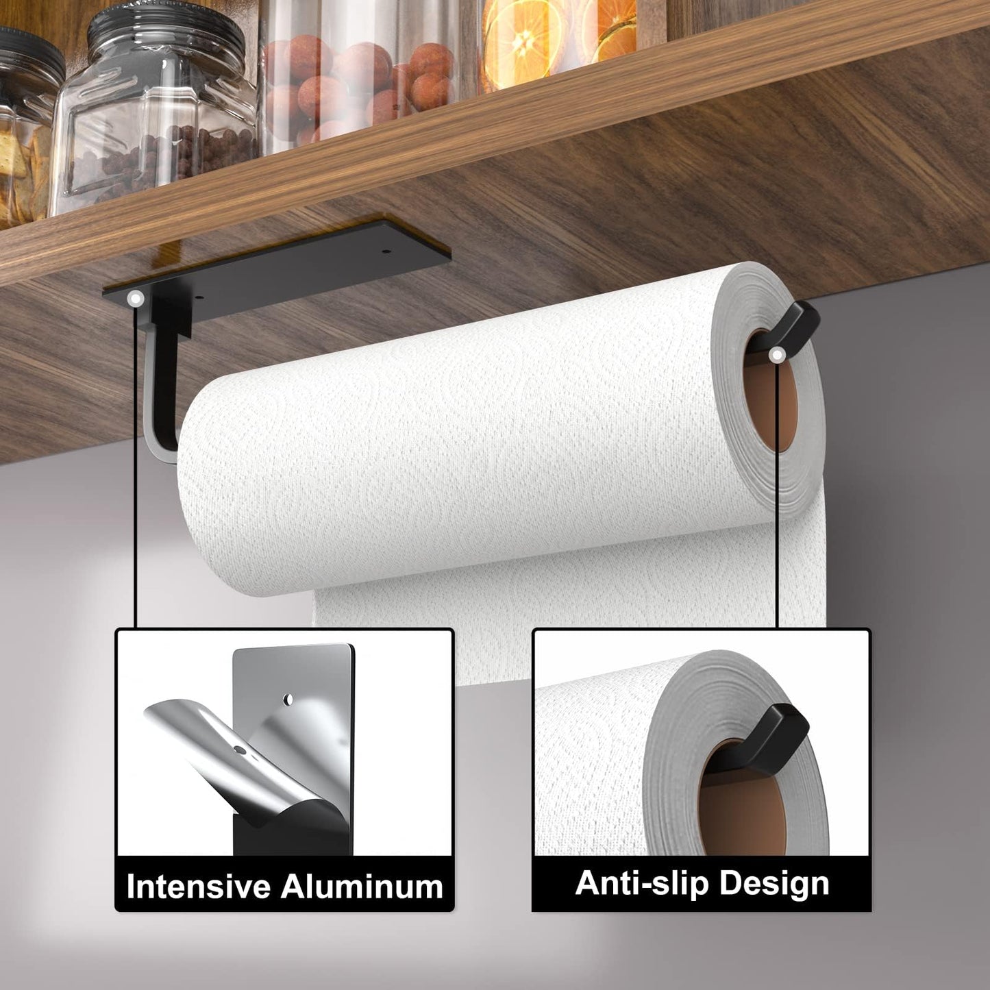 Paper Towel Holder - Self-Adhesive or Drilling, Matte Black Paper Towel Rack Under Cabinet for Kitchen, Upgraded Aluminum Kitchen Roll Holder - Lighter but Stronger Than Stainless Steel!