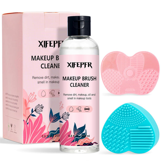 XIFEPFR Makeup Brush Cleaner, 6.8 Fl Oz Make Up Brush Cleaner Cleanser, Makeup Brush Cleaner Solution for Brushes, Sponge and Puff, Makeup Brush Shampoo with 2pcs Cleaning Mat, Gifts for Women