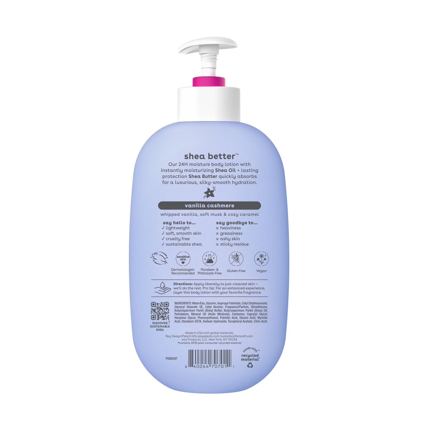 Loción corporal Eos Shea Better Body Lotion - Vanilla Cashmere, cuidado de la piel con humectación durante 24 horas, ligera y no grasosa, elaborada con manteca de karité natural, vegana, 16 fl oz