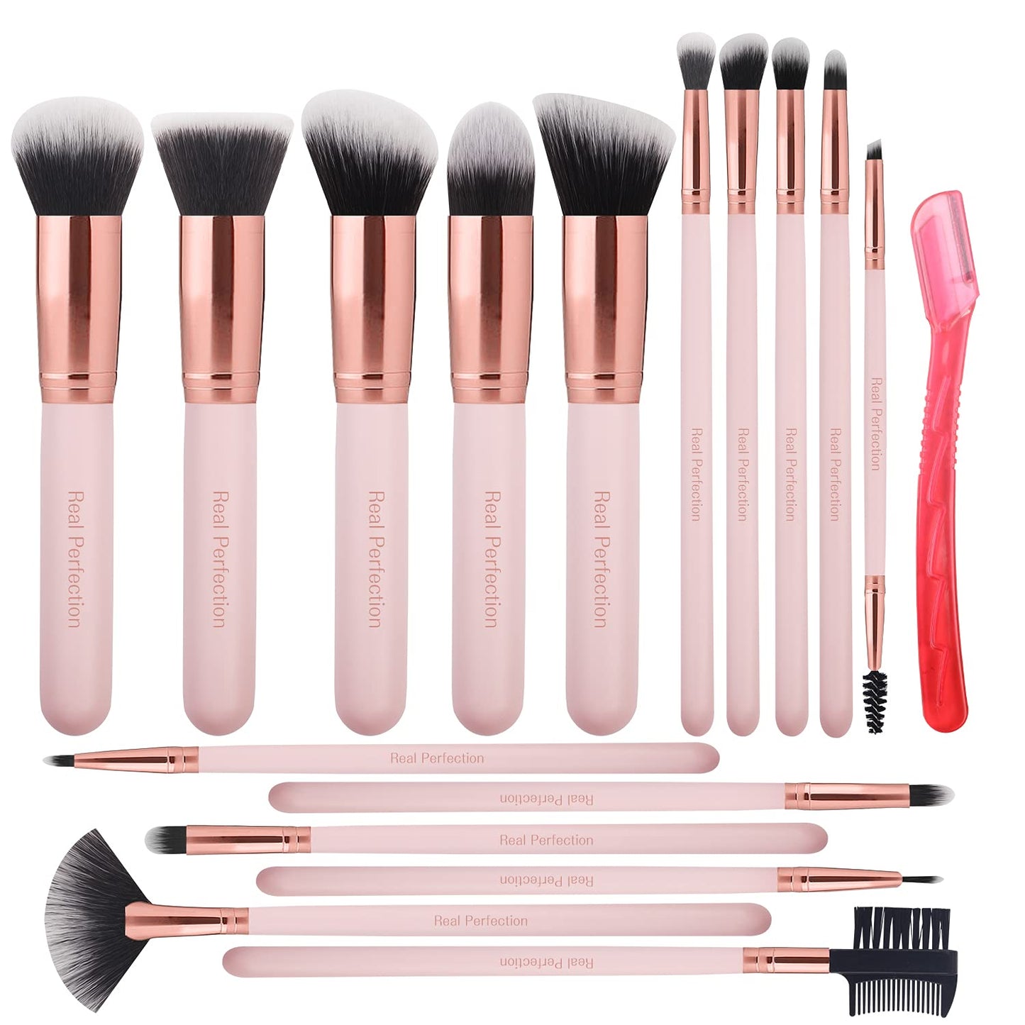 Real Perfection Makeup Brush Set 16 Pcs with 1 Eyebrow Razor Premium Synthetic Foundation Powder Concealers Eyeshadow Blush Makeup Brushes Make up Brushes Kit (Pink)