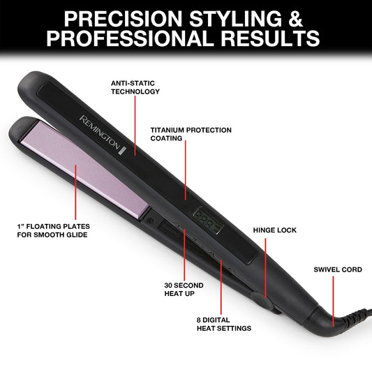 Remington 1" Flat Iron, Hair Straightener with Anti-Static Technology, Rapid 30-Second Heat-Up, 60-Minute Auto Shut-Off, 30% Longer Ceramic Floating Plates, and Titanium-Ceramic Coating