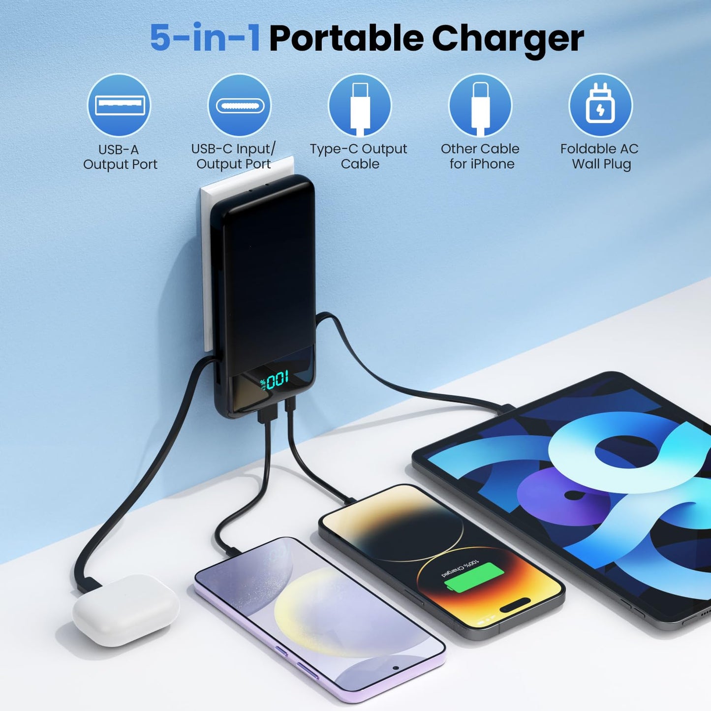 Portable Charger for iPhone with Built in Cables and Wall Plug,Upgraded 13800mAh Fast Charging USB C Power Bank,4 Outputs Travel Essential Battery Pack Compatible with iPhone 16/15/14,Samsung,Android