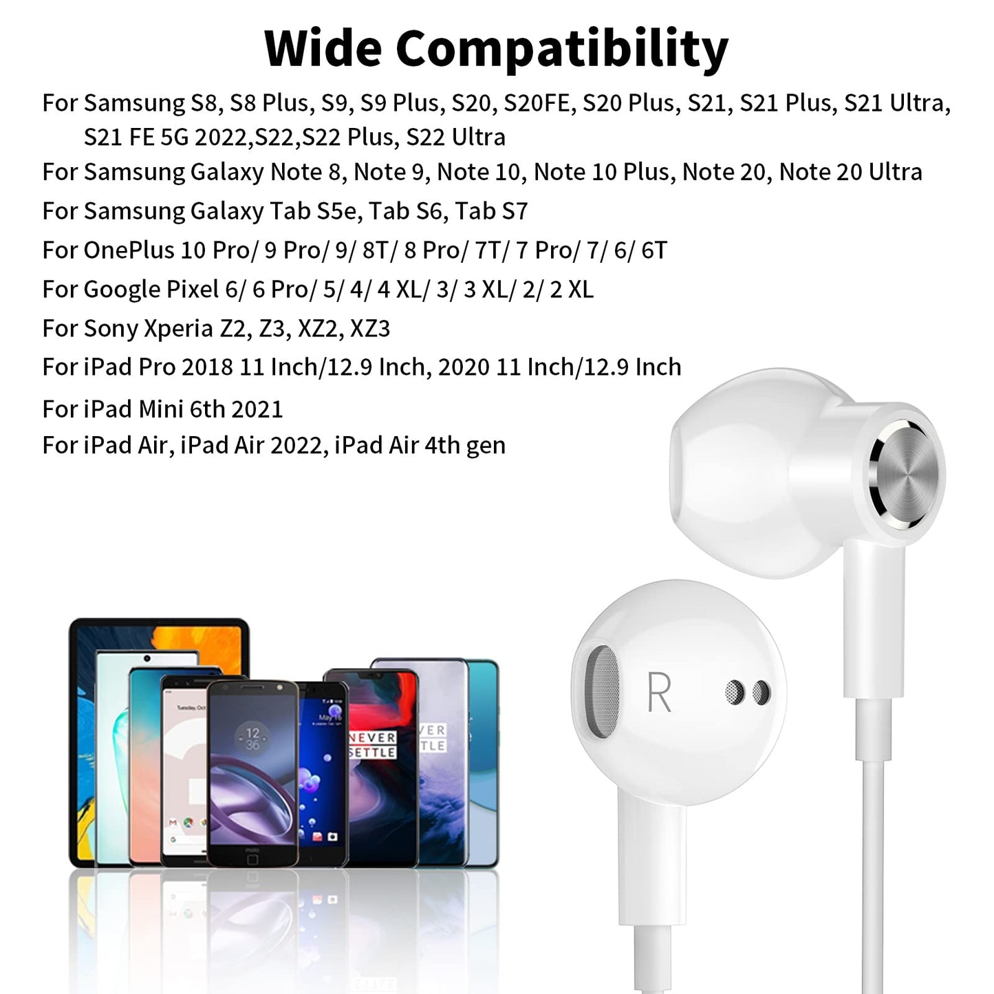 USB C Headphones, Type C Earphones for Samsung Galaxy S20 S21 S22 S23 S24 FE Ultra Apple iPhone 15 16 Pro Max Magnetic Wired Earbuds Microphone for Google Pixel 9 8 8A 7 7A 6A 6 OnePlus Android White