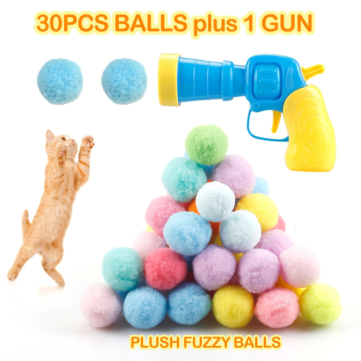 Lot de 31 lanceurs de balles pour chat, jouet à rapporter des balles pour chat, 30 lanceurs de balles en peluche pour chat avec 1 pistolet, jouets interactifs amusants pour chats adultes d'intérieur qui s'ennuient, jouets mignons pour chatons