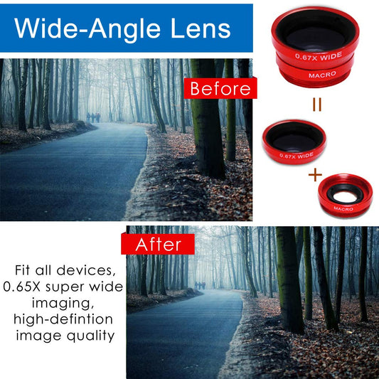 KINGMAS 3 in 1 Universal Fish Eye Lens, Macro Clip Lens Wide-Angle Camera Lens Kit for iPad iPhone Samsung Android and Most Smartphones (Red)