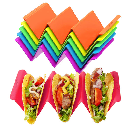 Juego de 6 soportes para tacos de colores: bandejas para tacos grandes de primera calidad con capacidad para 3 o 2 tacos cada una, material PP saludable muy duro y resistente, apto para lavavajillas y microondas