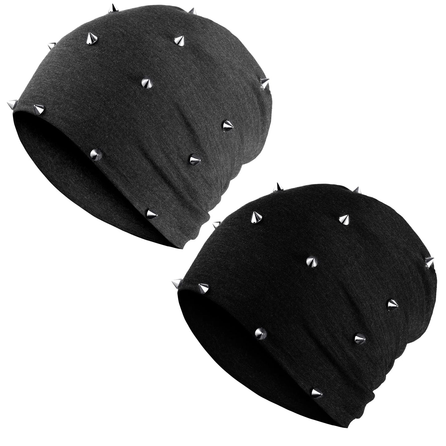 Winter Gothic Hat 2 Pieces Unisex Goth Beanie Rivet Rock Punk Hat Stud Spike Hats for Men Women, Black Gray (Rivet)