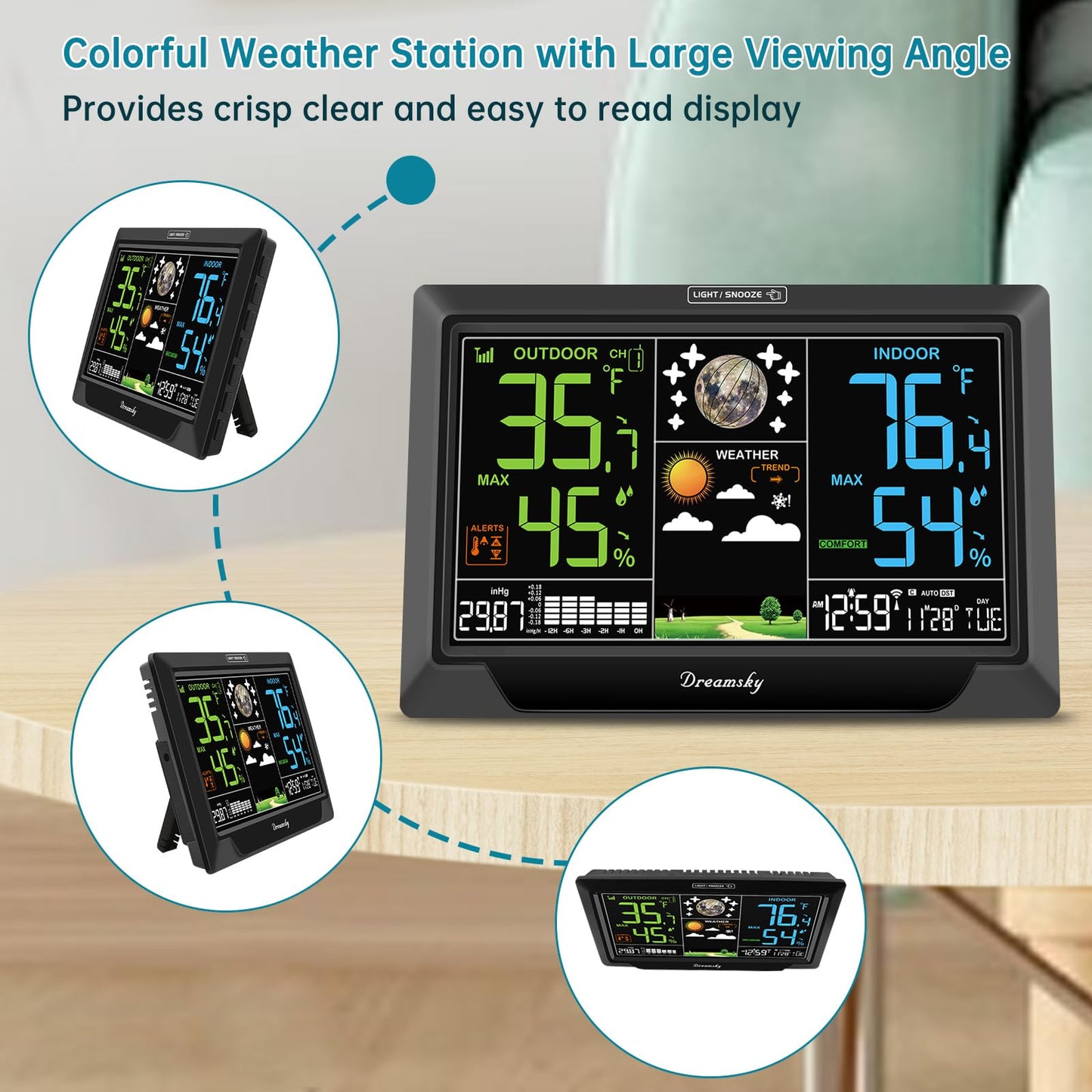 Station météo DreamSky Thermomètre intérieur extérieur sans fil, horloge atomique avec température intérieure extérieure, date jour, rétroéclairage réglable, moniteur d'humidité de la température intérieure extérieure pour la maison