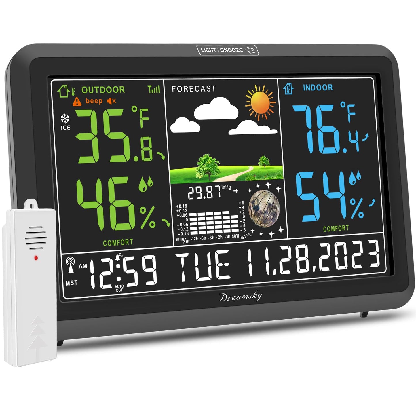 Station météo DreamSky Thermomètre intérieur extérieur sans fil avec horloge atomique numérique pour la maison, grand écran avec rétroéclairage réglable, port USB, moniteur d'humidité de la température intérieure et extérieure