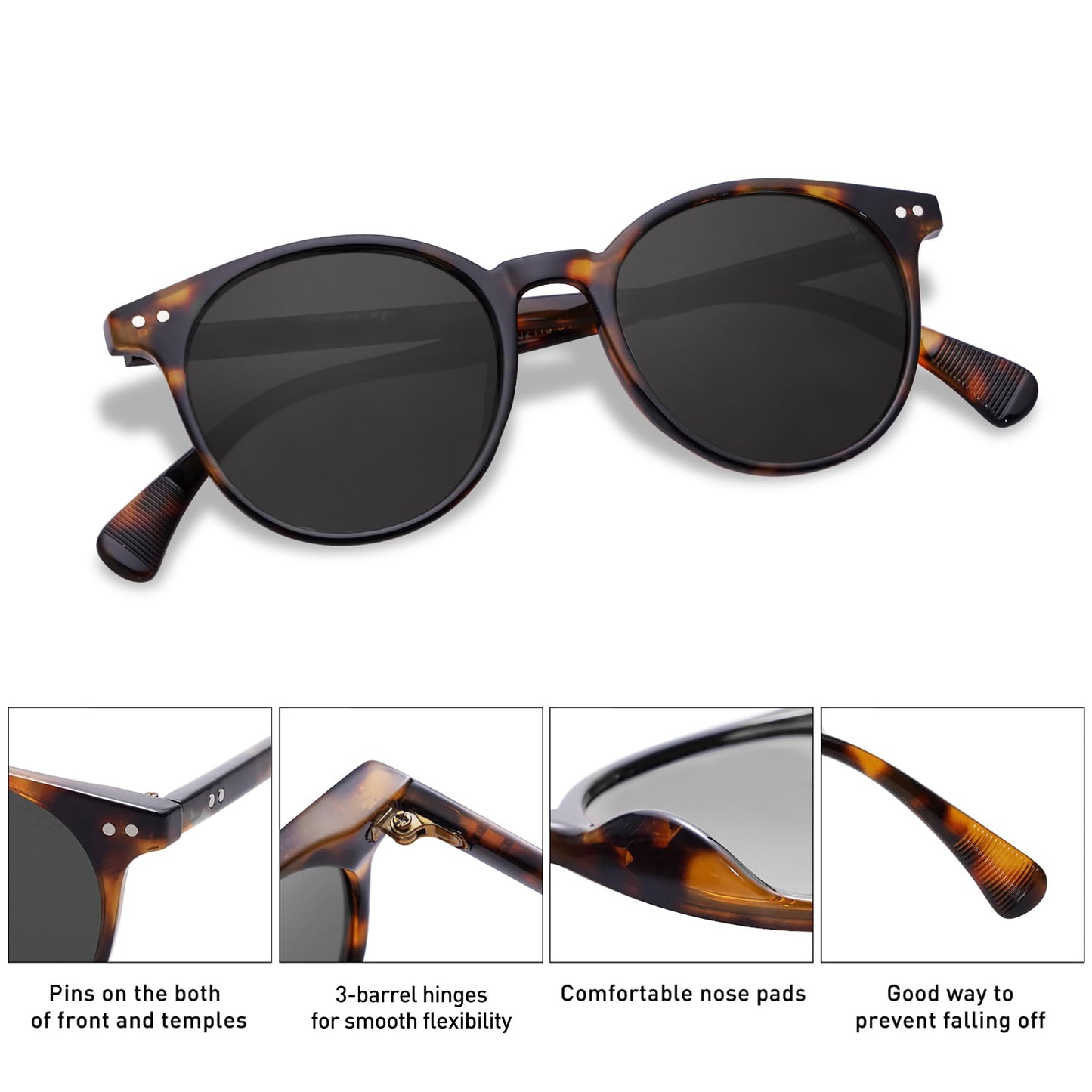 SOJOS Small Round Classic Polarized Sunglasses for Women Men Vintage Style UV400 Lens SJ2113, Tortoise/Grey