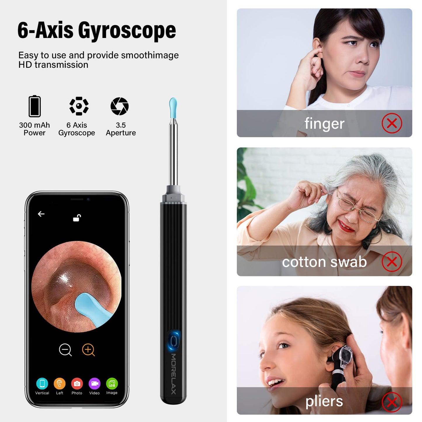 Limpiador de cerumen con cámara, herramienta para eliminar cerumen, con 8 orejas, kit de limpieza de cerumen, otoscopio HD 1080P, cámara para oídos con 6 palas para oídos, otoscopio para iOS y Android