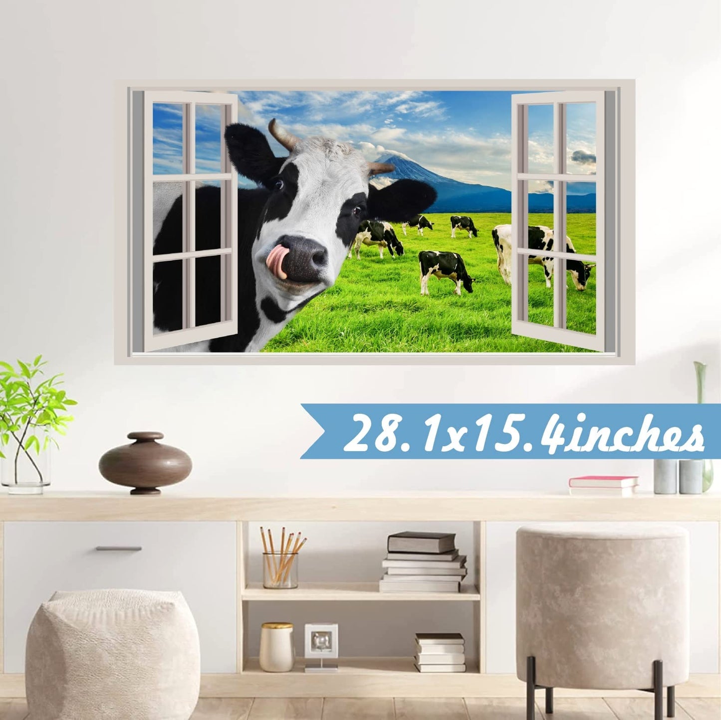 Funny Cow Wall Decals Peeking Cow Wall Sticker Peel and Stick Decals 3D Fake Window Cow Print Decor Stickers Cow Wall Art Rustic Farm Animal Vinyl Stickers for Living Room Bedroom Farmhouse Art Decor