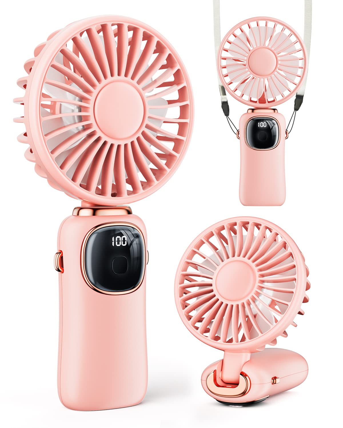 coldSky Portable Handheld Fan, 4000mAh Battery Operated Fan with LED Display, Handheld/Neck/Desk 3 in 1 Personal Small Fan, 90° Foldable Desk Fan with Base, 5 Speed Lash Fan Makeup Fan for Women