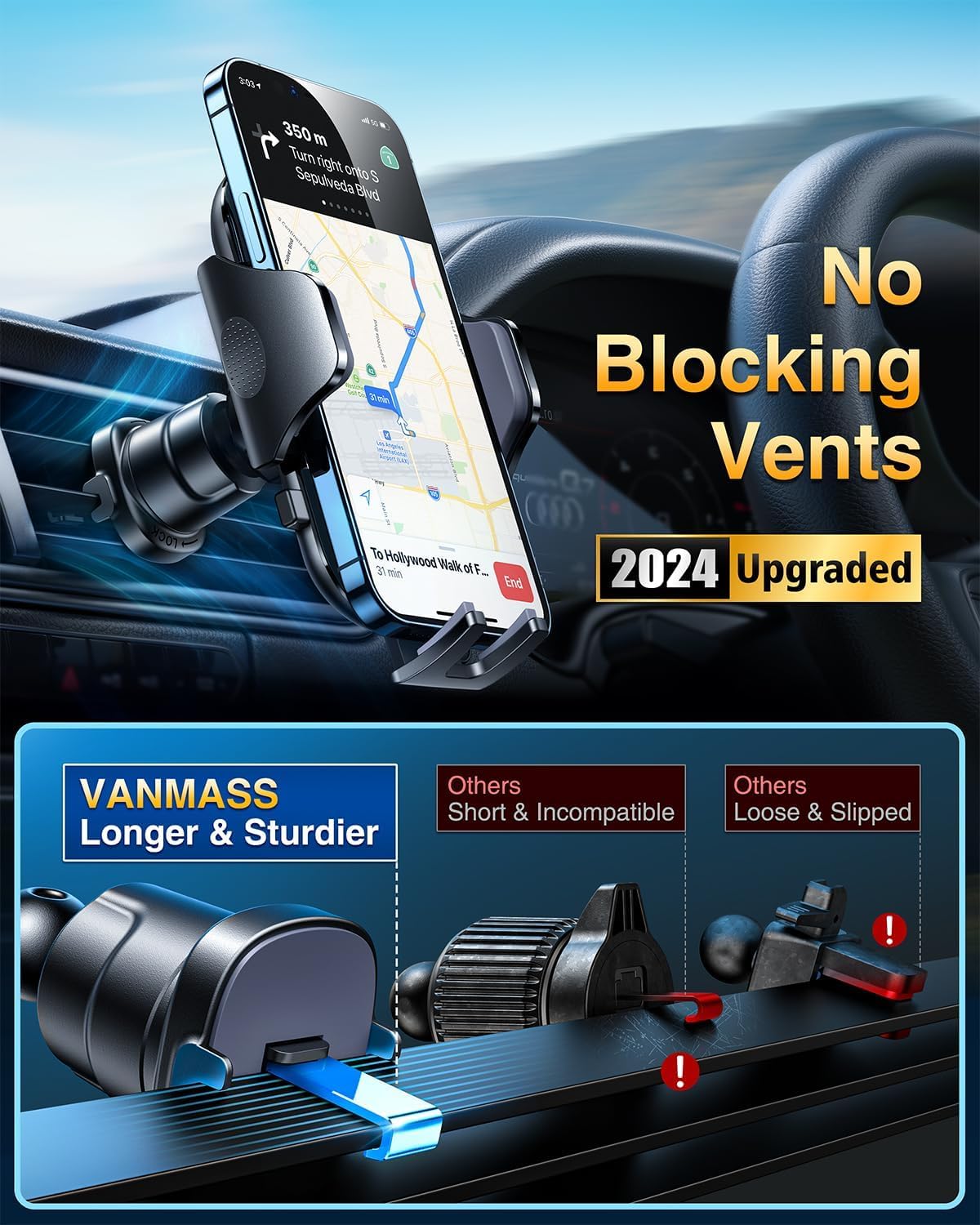 VANMASS [Longest Lasting] True Military-Grade Car Phone Holder Strongest Suction & Clip Cell Mount Dashboard Windshield Vent Automobile Cradle Truck Accessories for iPhone 16 15 Pro Max 14 13 Android