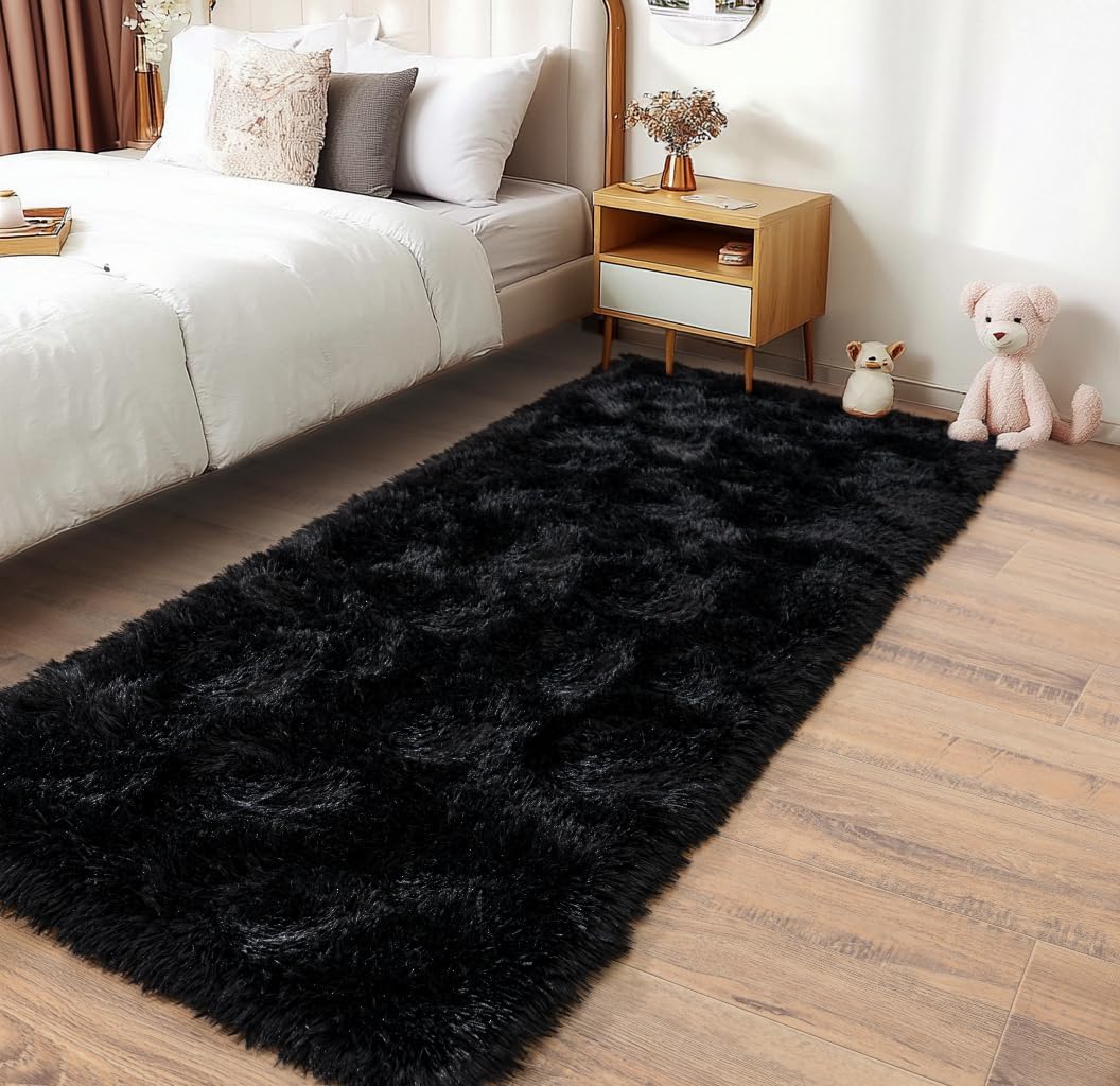 Alfombras de pasillo mullidas para dormitorio de 2 x 6, alfombra peluda moderna para pasillo, sala de estar, alfombra de felpa suave y difusa para la cabecera de la cama para la decoración de la habitación de los niños y niñas, color negro