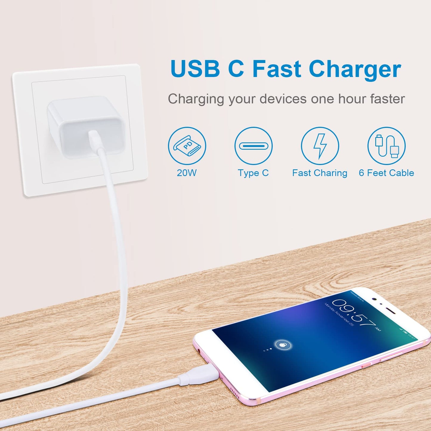 USB C Fast Charger for Google Pixel 9 Pro XL Fold 9 8a 8 Pro 7a 7 7 Pro 6 6 Pro 6a 5 4 4a 4XL 3a 3XL 2 XL, Samsung Galaxy A15 A14 5G A53 A54 S24 S23, 20W 3A PD Power Adapter with 6FT Type C to C Cable