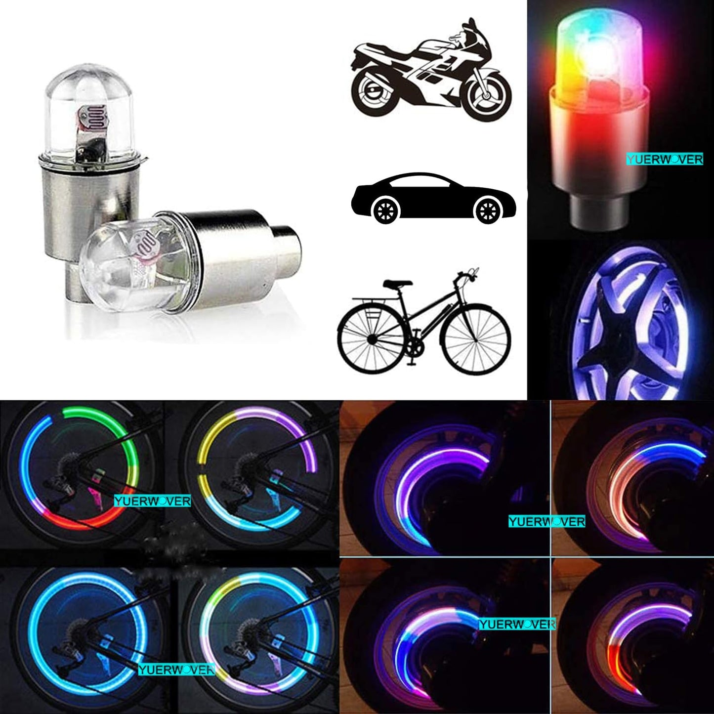 YUERWOVER 8 Pack LED Bike Wheel Lights Car Tire Valve Stems Caps Bicycle Motorcycle Waterproof Tyre Spoke Flash Lights Cool Reflector Accessories for Kids Men Women with 10 Extra Batteries(Multicolr)