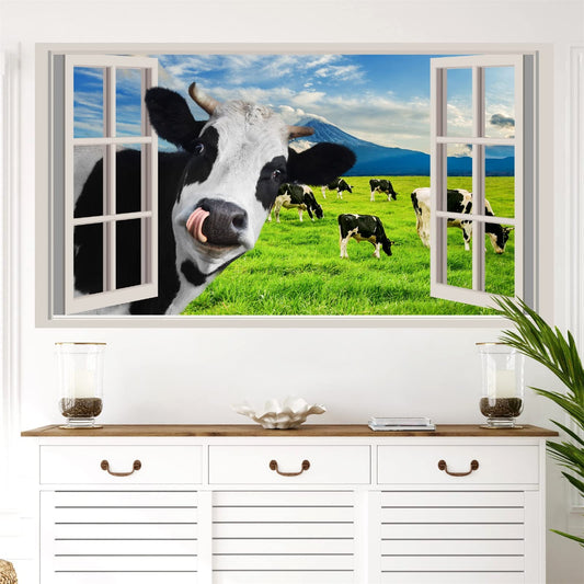 Funny Cow Wall Decals Peeking Cow Wall Sticker Peel and Stick Decals 3D Fake Window Cow Print Decor Stickers Cow Wall Art Rustic Farm Animal Vinyl Stickers for Living Room Bedroom Farmhouse Art Decor