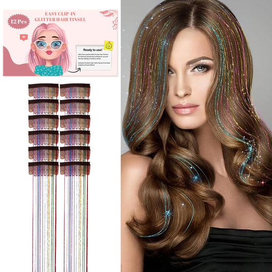 12Pcs Hair Tinsel Clip in Extensions, Hair Tinsel Clip in Extensions for Women and Kids - Sparkling Hair Accessories, Easy to Apply, Perfect for Parties and Special Occasions(Four in one mixed colors)