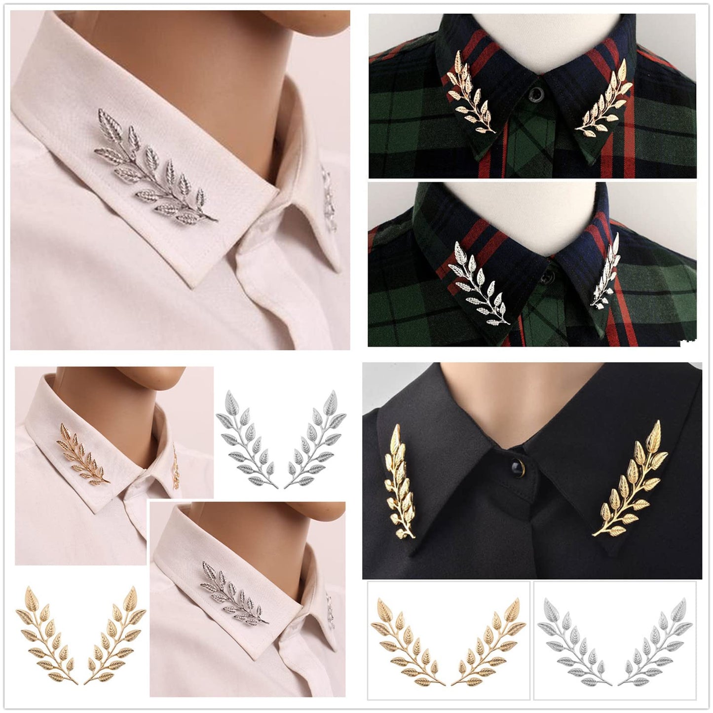 Zaky 5 Pairs Brooches Accessories Palace Retro Hollow Pattern Shirt Collar Brooch Buckle Angle Triangle and Simple Elegant Double Leaf Collar Pin Brooch Gold Silver Plant Brooch with Box