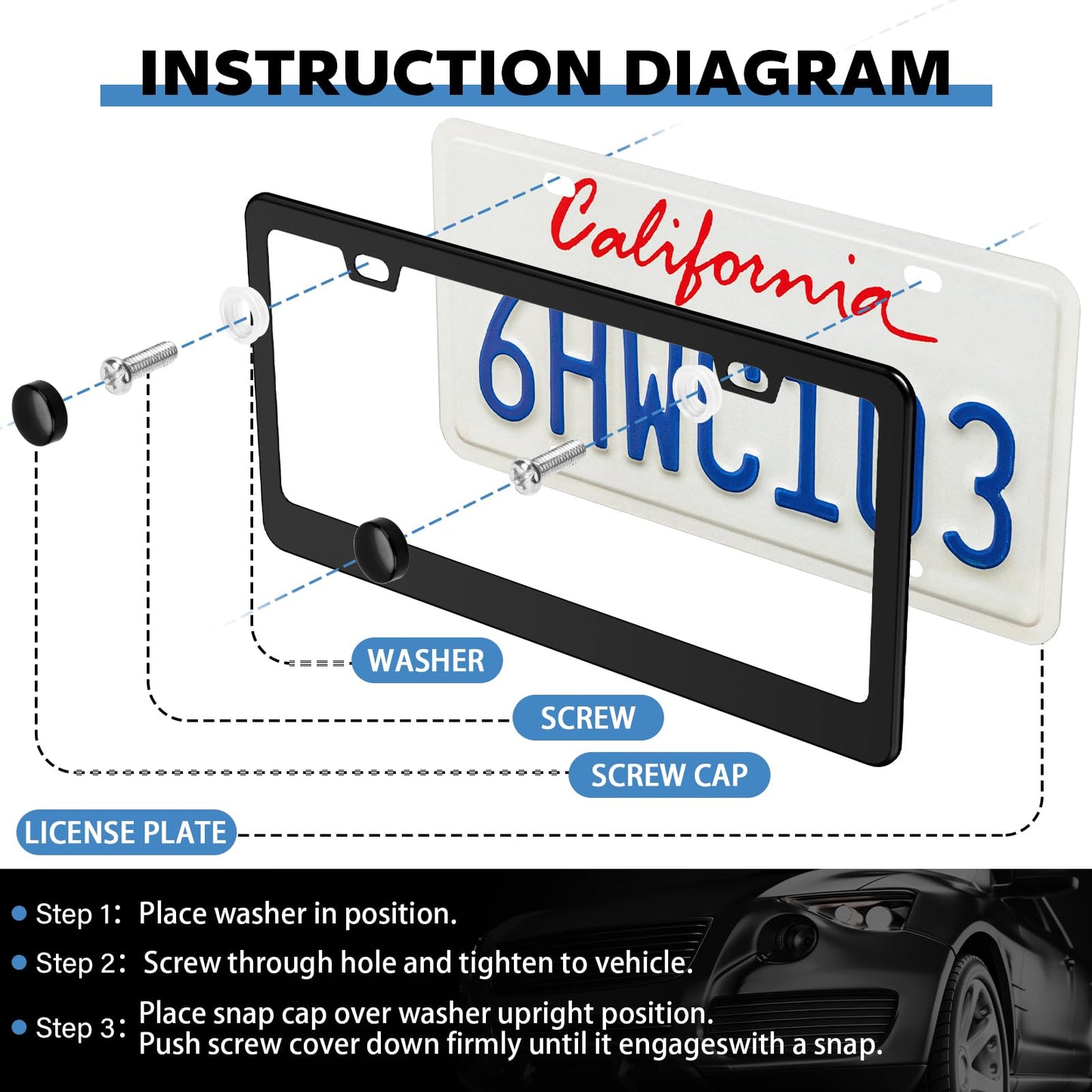 Cadres de plaque d'immatriculation noirs de qualité supérieure Odujzem, lot de 2 cadres universels en aluminium pour plaques d'immatriculation avant et arrière de voiture, aluminium solide antirouille avec bouchons à vis