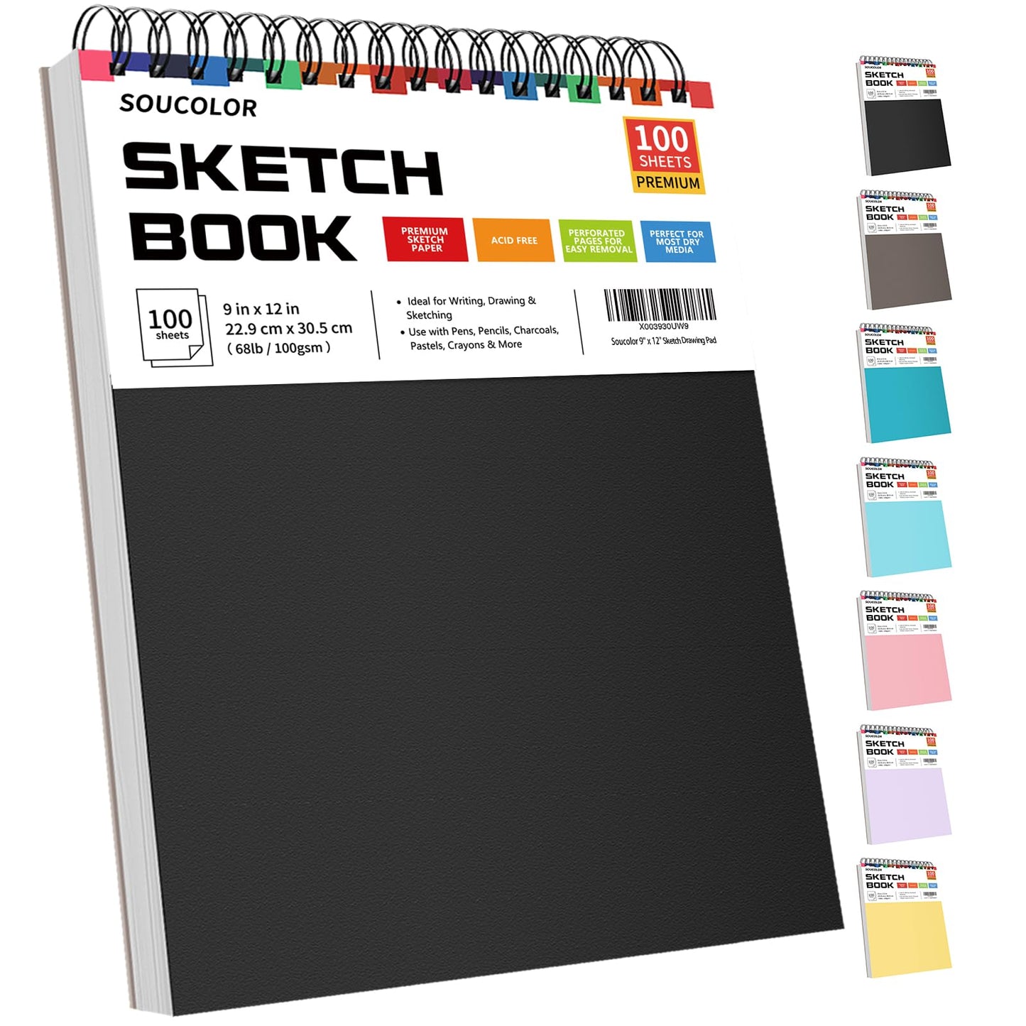 Soucolor 9" x 12" Sketch Book, 1-Pack 100 Sheets Spiral Bound Art Sketchbook, (68lb/100gsm) Acid Free Artist Drawing Book Paper Painting Drawing Writing Sketching Pad for Kids Adult Teens Girls Boys