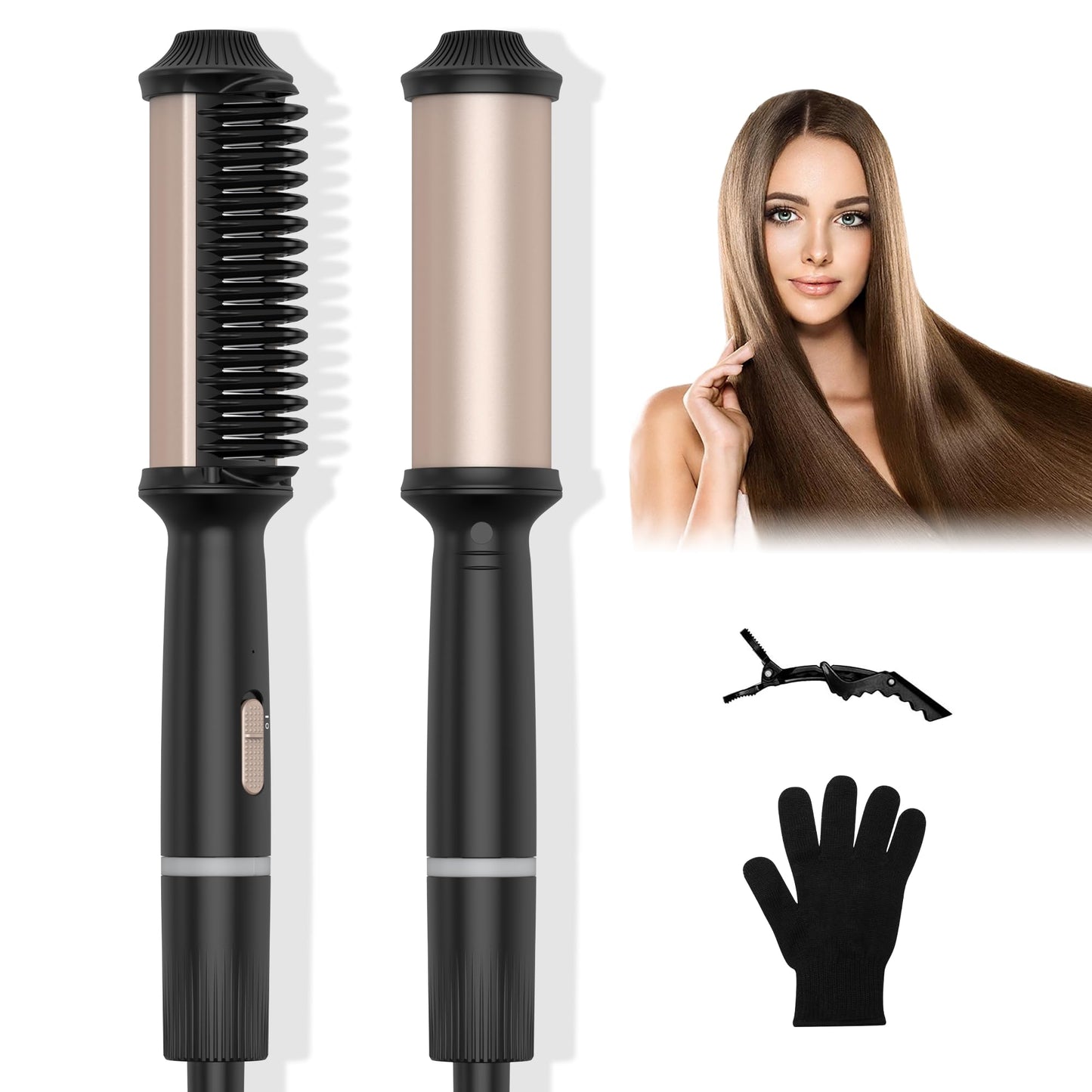 2 in 1 Hair Straightener Brush & Curling Iron with Ceramic Coating - Hair Straightener Comb 7 Temps Settings up to 250-450F, 20s Fast Heating, Double Voltage 110-240V Travel Hair Straightener