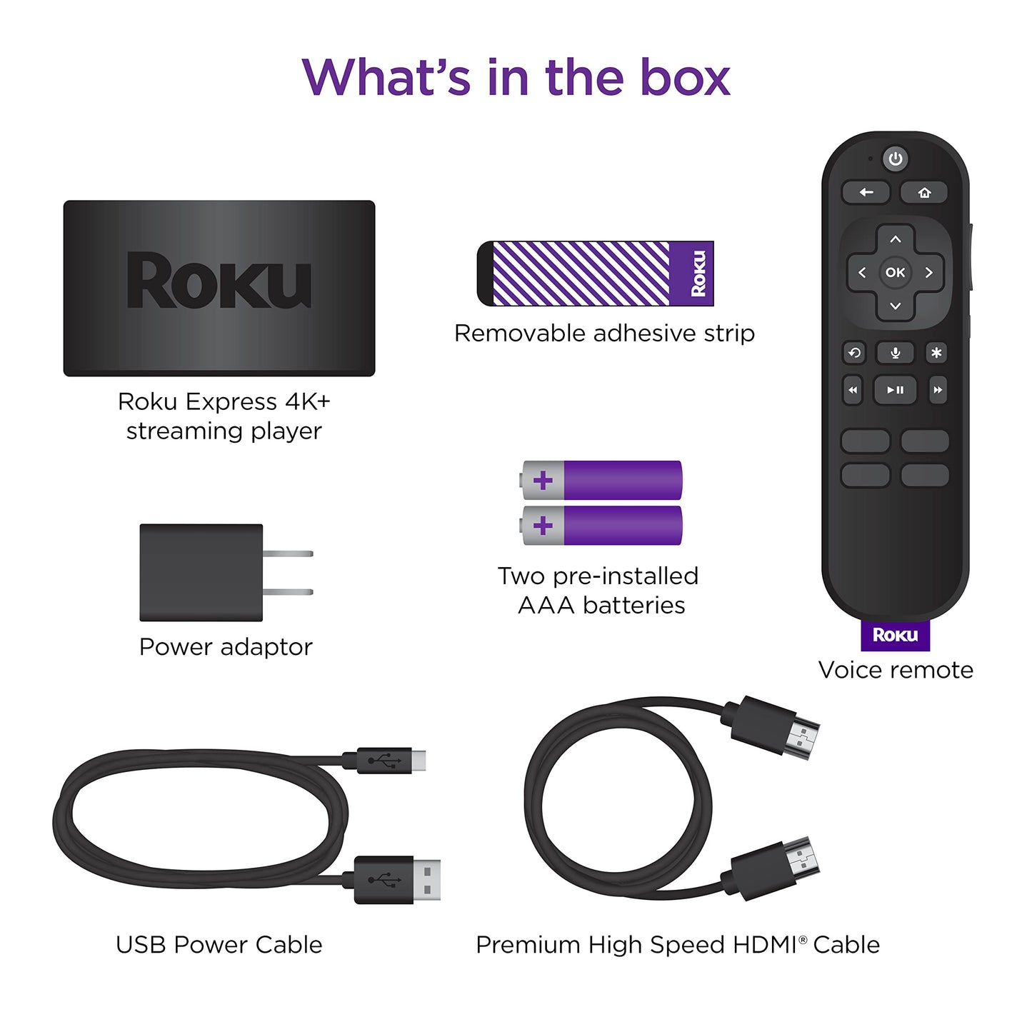 Roku Express 4K+ | Appareil de diffusion en continu Roku 4K/HDR, télécommande vocale Roku, TV gratuite et en direct