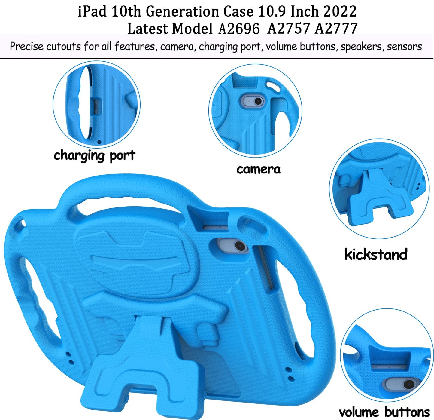 LTROP Kids Case for iPad 10th Generation 10.9 Inch 2022, iPad 10.9 Case 10th Generation, with Shoulder Strap, Durable Light Weight Handle Stand Child-Proof Bumper Case for iPad 10th Gen 2022, Blue