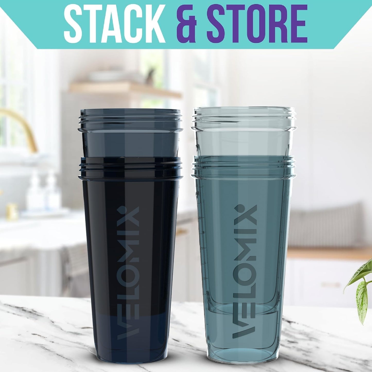 VELOMIX -4 PACK- 28 oz Shaker Cups for Protein Shakes - 4x Wire Whisk | Leak Proof Protein Shaker Bottles for Protein Mixes | Protein Shaker Bottle Pack | Mixer for Protein Shakes(Aqua Depths)