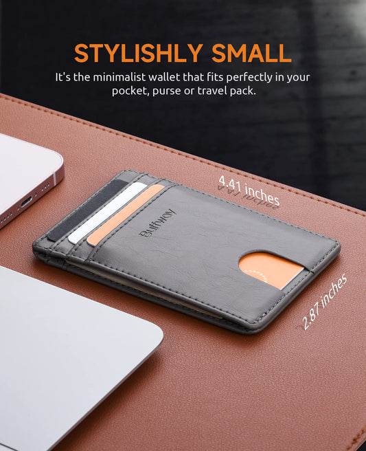 Buffway Mens Slim Wallet, Minimalist Thin Front Pocket Leather Credit Card Holder with RFID Blocking for Work Travel - Seattle Grey