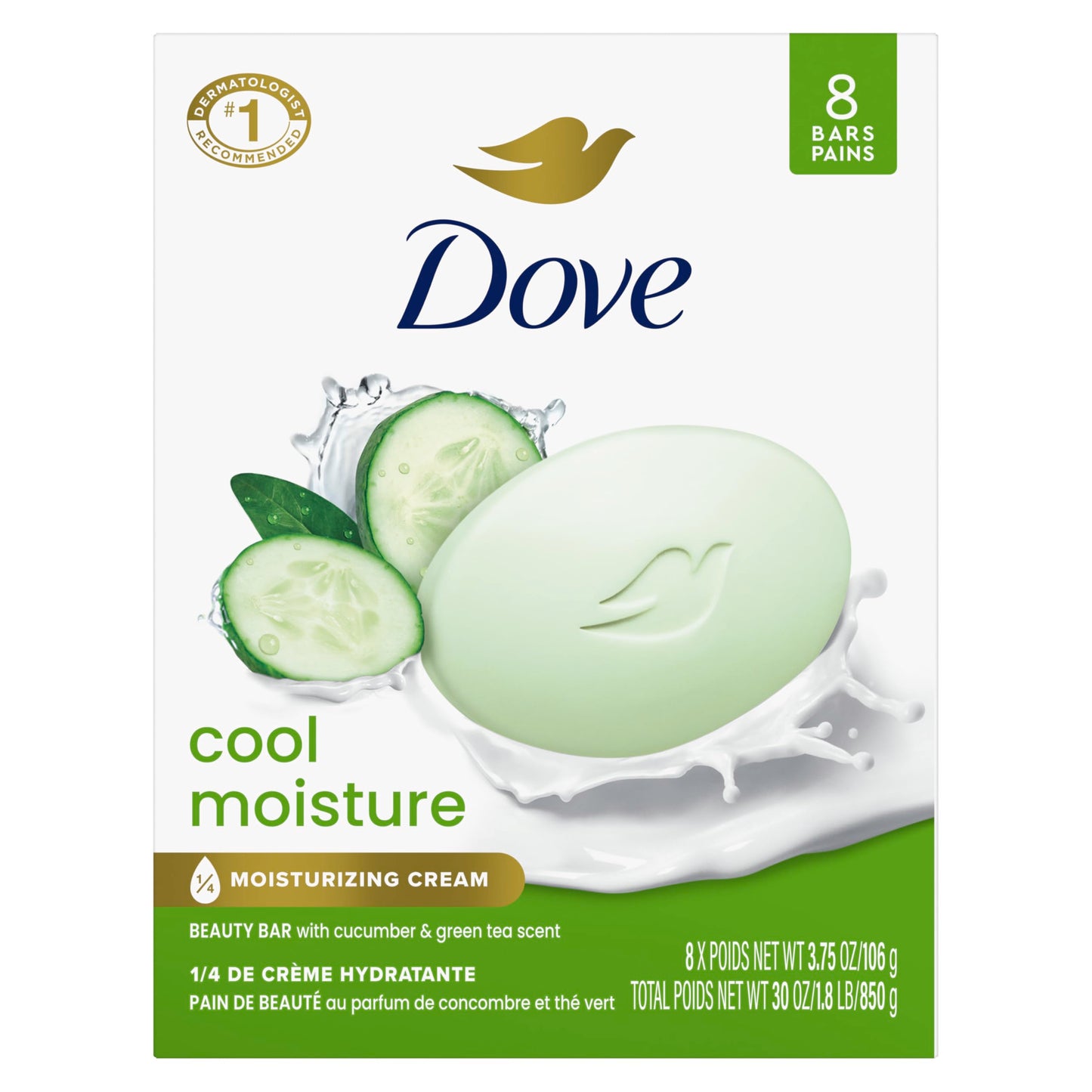 Dove Beauty Bar Soap Cool Moisture Cucumber & Green Tea Scent, 8 Bars for Refreshed Skin, Leaves Skin Refreshed 3.75 oz