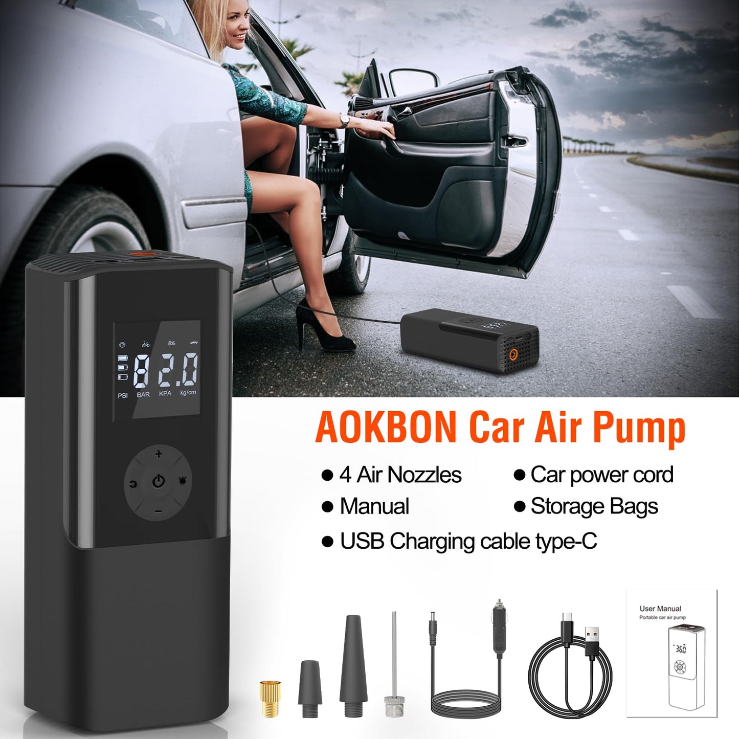 AOKBON Mini compresseur d'air portable 150 PSI Pompe à air électrique rechargeable DC12V Gonfleur de pneu avec affichage numérique Lumière LED Chargement USB pour voiture Moto Ballon Extérieur