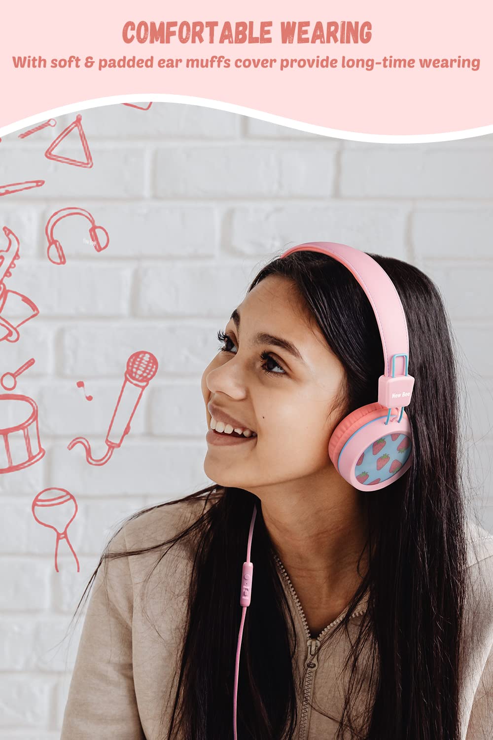 New bee Kids Headphones Wired for School with Microphone KH20 HD Stereo Safe Volume Limited 85dB/94dB Foldable Lightweight for Girl/Mac/Android/Kindle/Tablet/Pad (Pink)