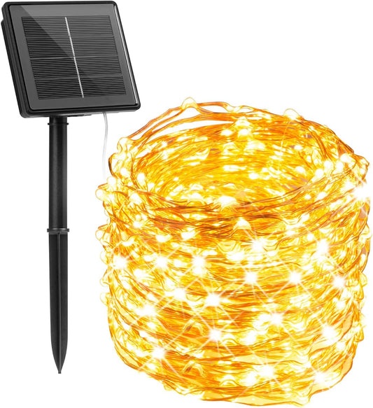 Minetom Guirlande lumineuse solaire d'extérieur, 10 m, 100 LED, 8 modes, éclairage de balcon pour arbre, terrasse, fête de Noël, décoration de mariage (blanc chaud)