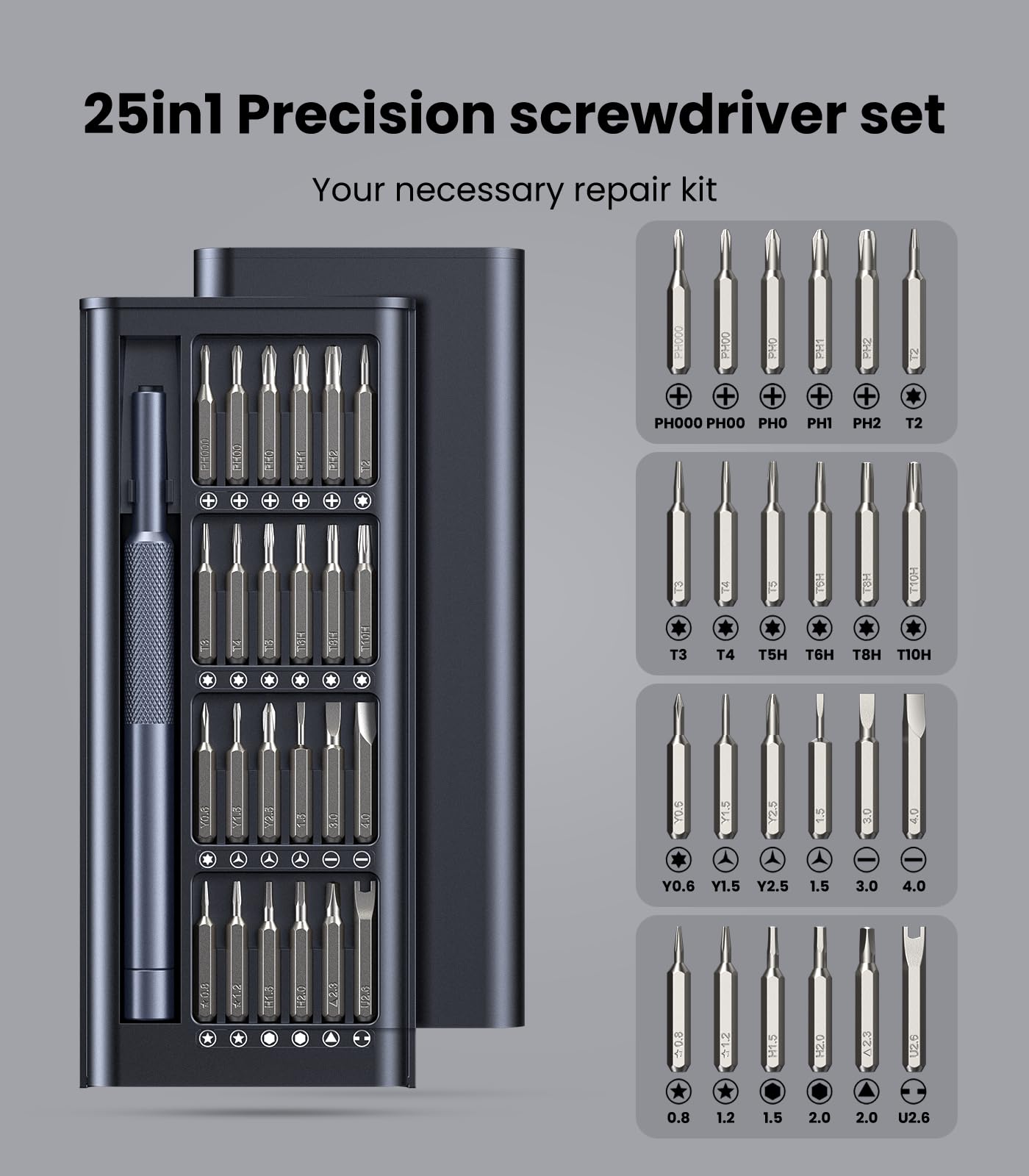 AXTH 25-in-1 Small Precision Screwdriver Set, Professional Magnetic Mini Repair Tool Kit for Phone, Computer, Watch, Laptop, Macbook, Ring Doorbell, Eyeglass, Electronic, [Bearing Steel] Screw Driver