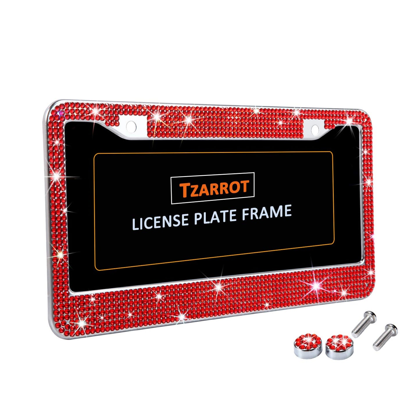 TZARROT Cadres de plaque d'immatriculation en strass rouge pour femmes, couverture de plaque d'immatriculation en métal antirouille, accessoires de voiture Bling pour femmes et filles