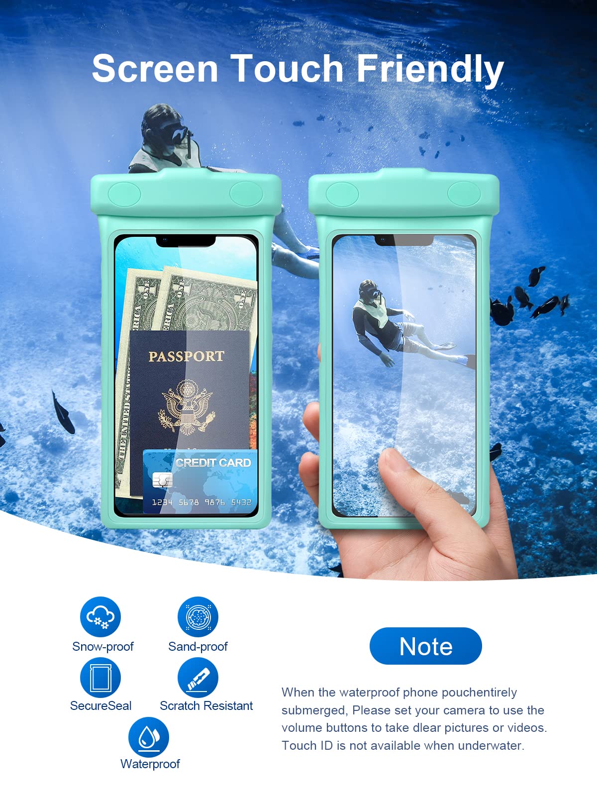 Estuche impermeable para teléfono, funda impermeable para iPhone 16 15 14 13 Pro Max XS Samsung, bolsa seca para teléfono celular IPX8 3D, artículos esenciales para la playa - Earl Crystal Mint