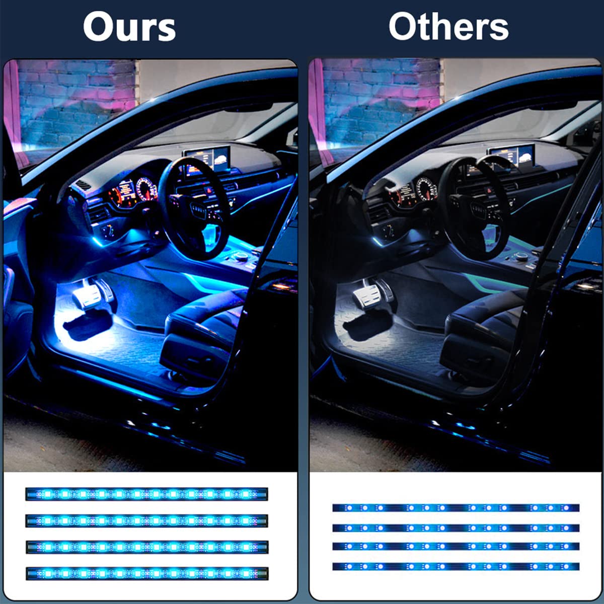 Bande lumineuse LED pour voiture, EJ's SUPER CAR 4 pièces 48 LED DC 12 V Multicolore Musique Éclairage intérieur de voiture LED sous le tableau de bord Kit d'éclairage d'ambiance au néon avec fonction sonore active et télécommande sans fil