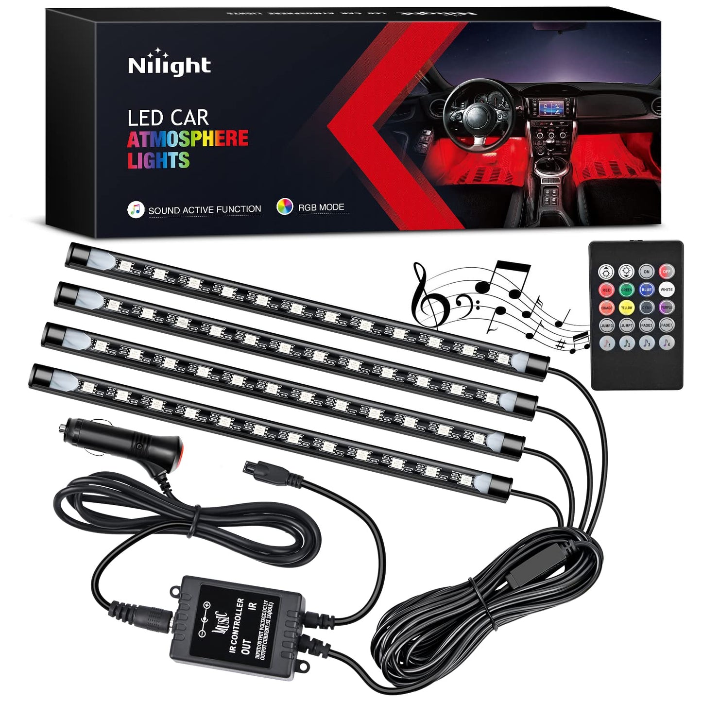 Nilight - TR-06 Lot de 4 bandes lumineuses LED multicolores pour intérieur de voiture, 48 LED, DC 12 V, avec fonction sonore active et télécommande sans fil, garantie de 2 ans