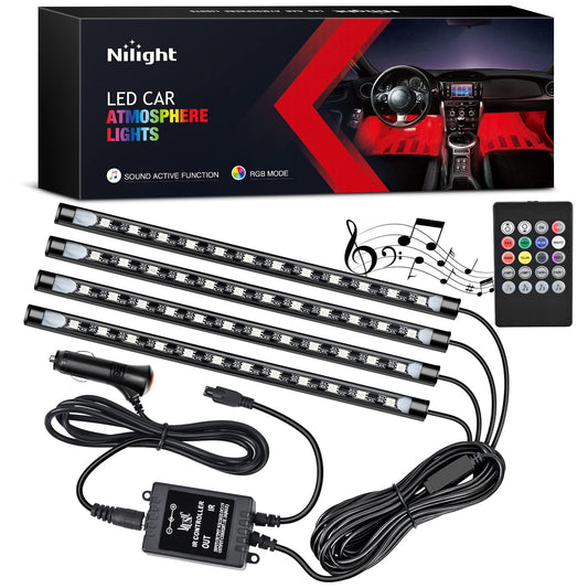 Nilight - TR-06 Lot de 4 bandes lumineuses LED multicolores pour intérieur de voiture, 48 LED, DC 12 V, avec fonction sonore active et télécommande sans fil, garantie de 2 ans