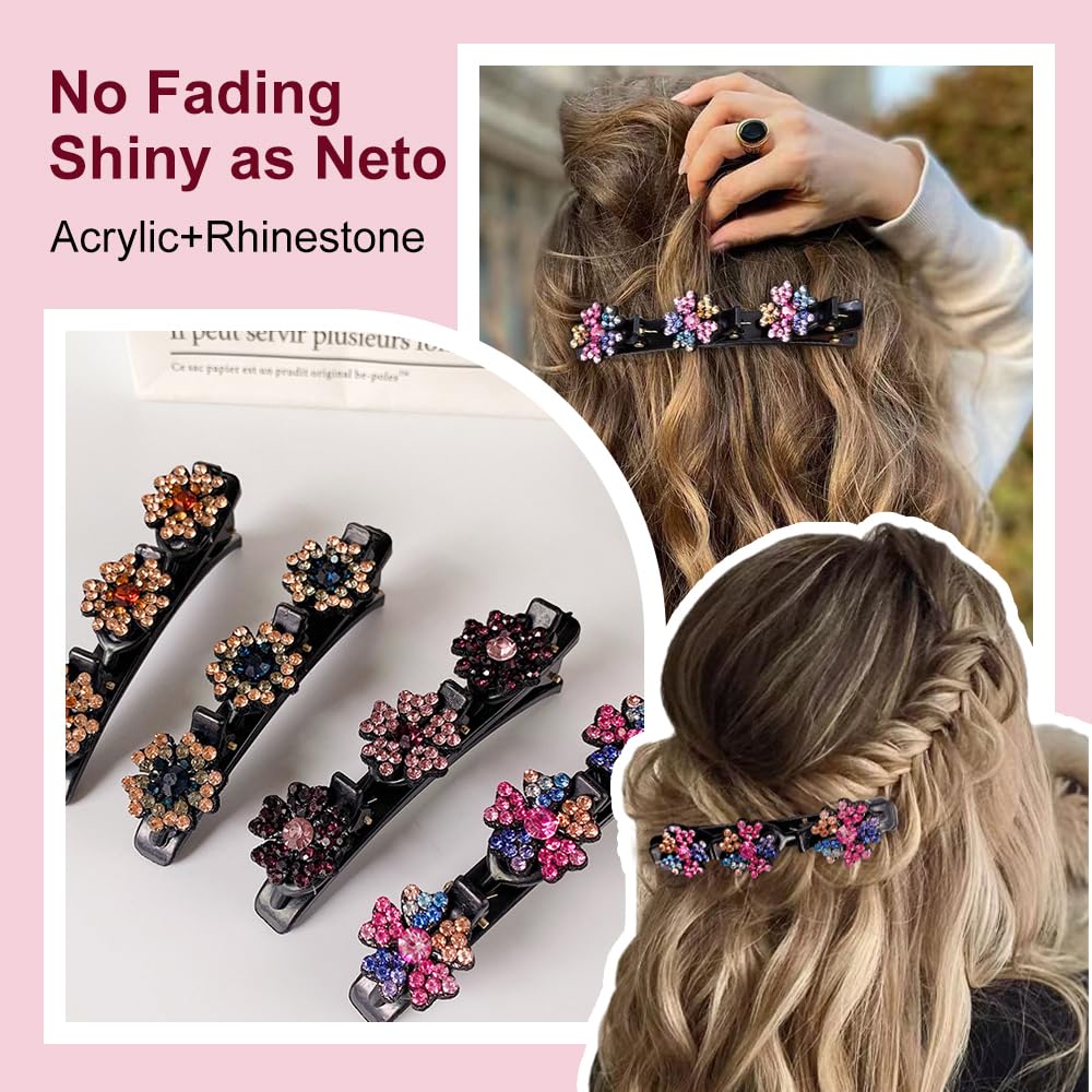 2 Pcs Sparkling Crystal Stone Braided Hair Clips, 2024 New Satin Fabric Hair Bands Rhinestone Four-Leaf Clover Hair Clip for Styling, Duck Bill Clips for Women Girls (C)