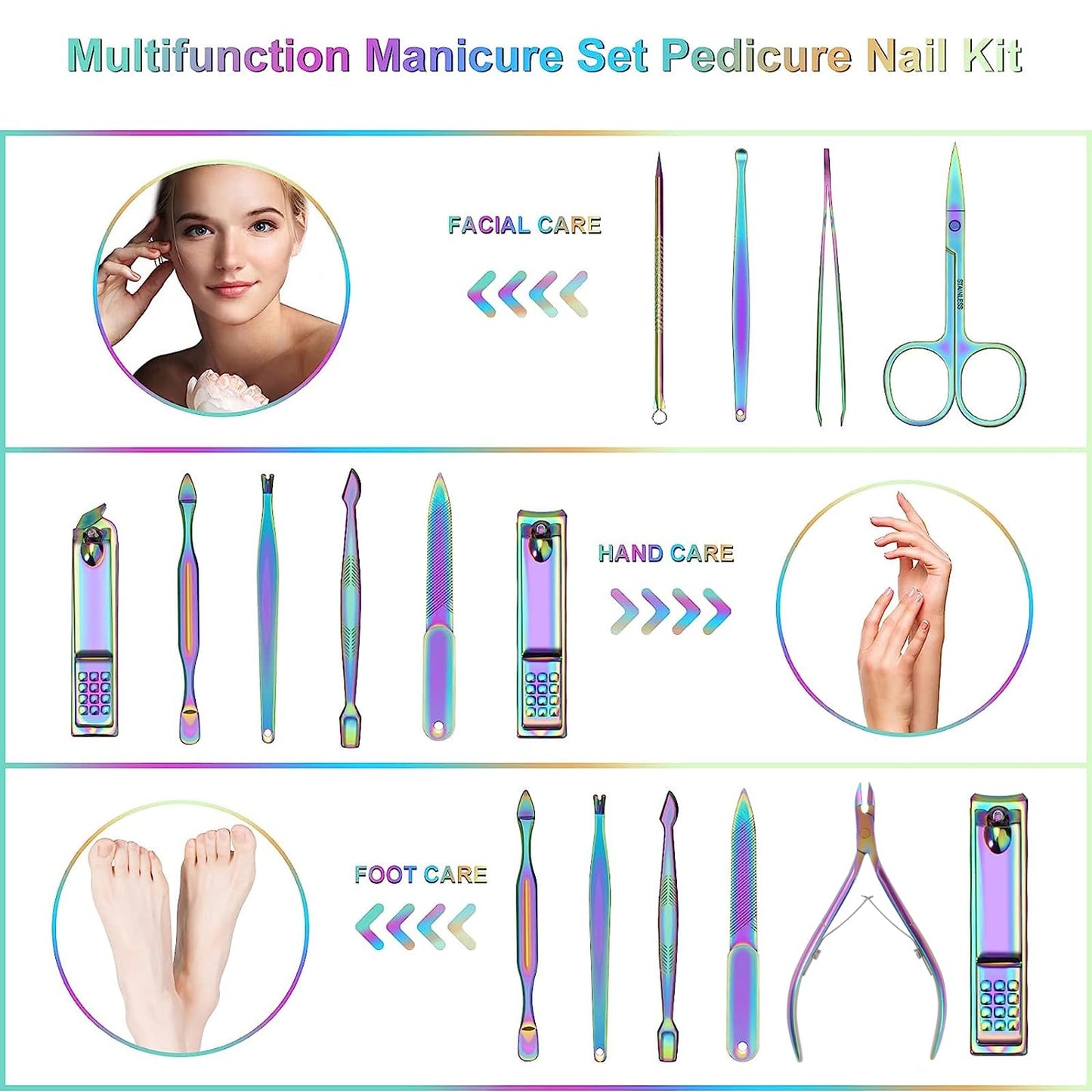 Juego de manicura y pedicura, cortaúñas y kit de 12 piezas de acero inoxidable para el cuidado de las uñas, limas y tijeras profesionales de colores, herramientas para manos, pies y tratamientos faciales, color rosa