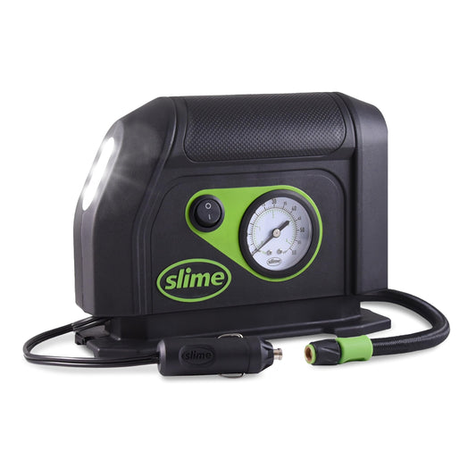 Slime 40050 Gonfleur de pneus, compresseur d'air portable pour voiture, avec manomètre analogique à 100 psi, long tuyau et lumière LED, 12 V, gonflage en 8 minutes