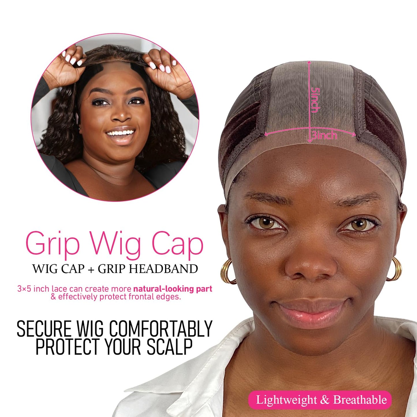 LAB HAIRS Wig Cap with Grip Band for Keeping Wigs in Place, More Full Cap-wide Transparent Lace for Lace Front Wigs - Brown/Black/Nude Non Slip Cap Make Your Wig Be Glueless (Brown-L)