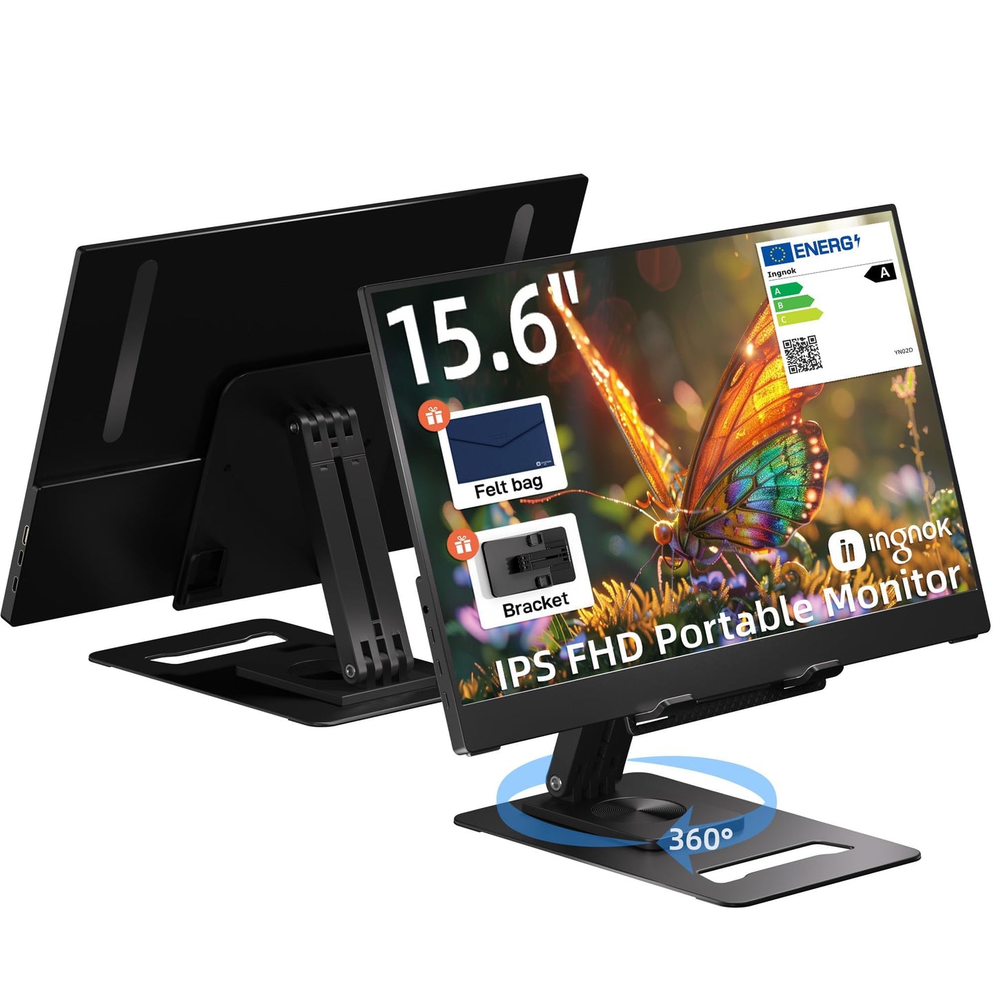 Ingnok Portable Monitor, Ultra Slim 15.6 Inch FHD IPS Laptop Screen Extender with Adjustable Stand, USB C Compatible, Ideal for Travel and Office