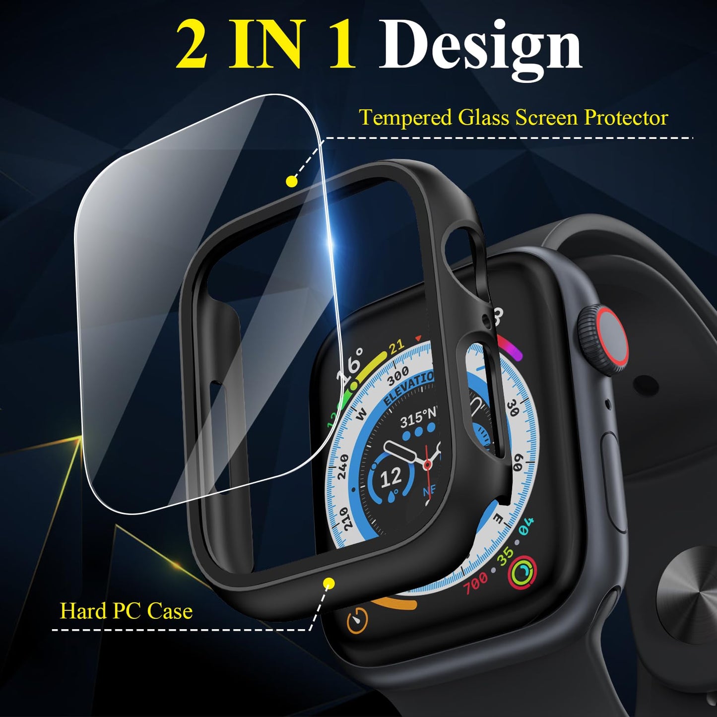 [3 Pack] Case for Apple Watch Series 9 Screen Protector 45mm Series 8 Series 7, EWUONU Hard PC Bumper Cover HD Tempered Glass Full Protective Case for iWatch Series 9/8/7 Accessories 45mm, Black